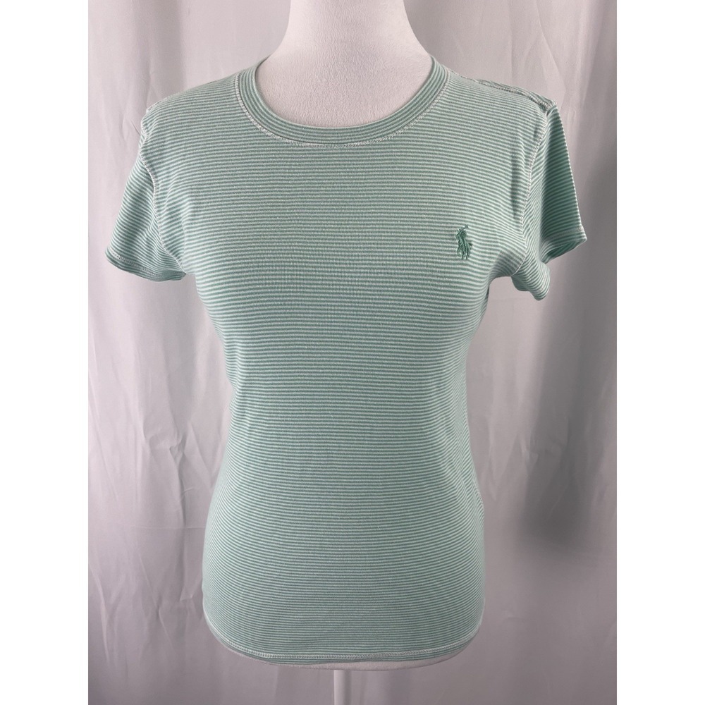 Ralph Lauren women's green and white stripe fitted crew neck t-shirt Sz Large